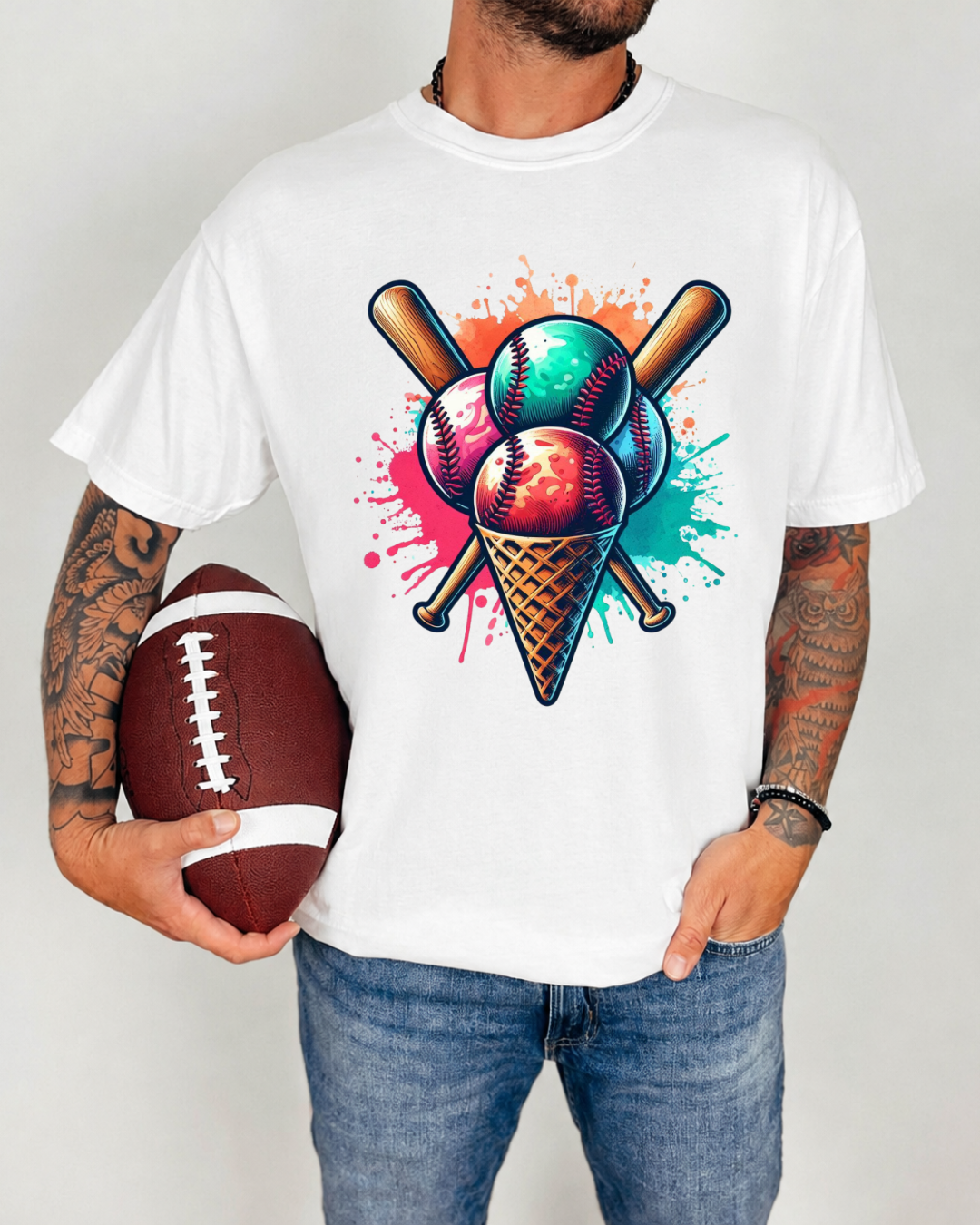 Baseball Ice Cream Cone T-Shirt – Vibrant Paint Splatter Sports Graphic Tee – Baseball Player & Fan Shirt