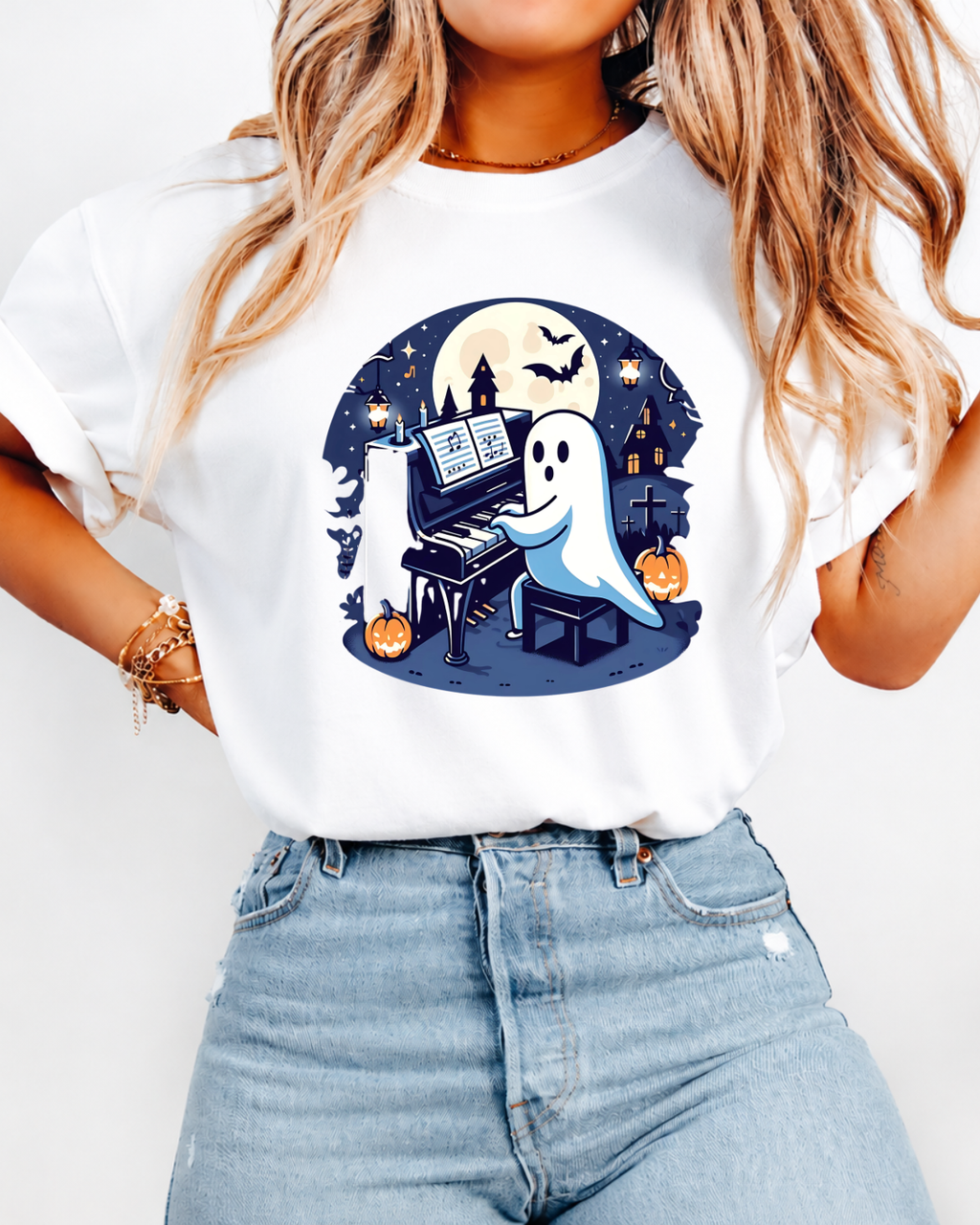 Spooky Piano Ghost Shirt - Kawaii Halloween Music Lover Gift & Pianist Tee Short-Sleeve Unisex T-Shirt