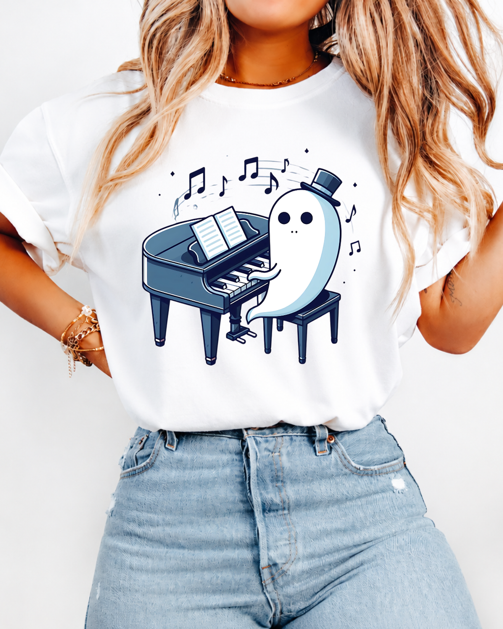 Cute Ghost Playing Piano T-Shirt - Funny Halloween Musician Graphic Tee Short-Sleeve Unisex T-Shirt