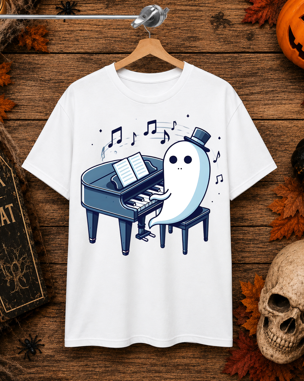 Cute Ghost Playing Piano T-Shirt - Funny Halloween Musician Graphic Tee Short-Sleeve Unisex T-Shirt