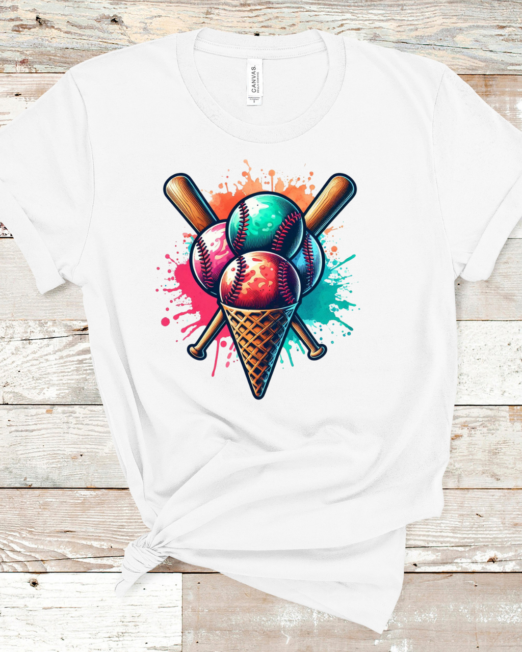 Baseball Ice Cream Cone T-Shirt – Vibrant Paint Splatter Sports Graphic Tee – Baseball Player & Fan Shirt