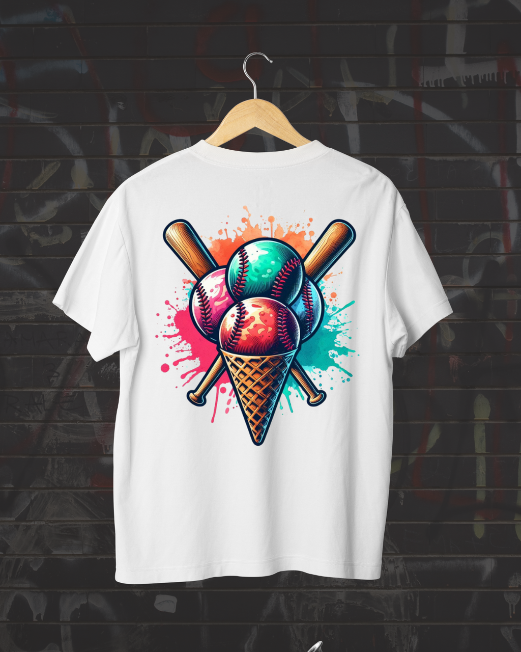 Baseball Ice Cream Cone T-Shirt – Vibrant Paint Splatter Sports Graphic Tee – Baseball Player & Fan Shirt