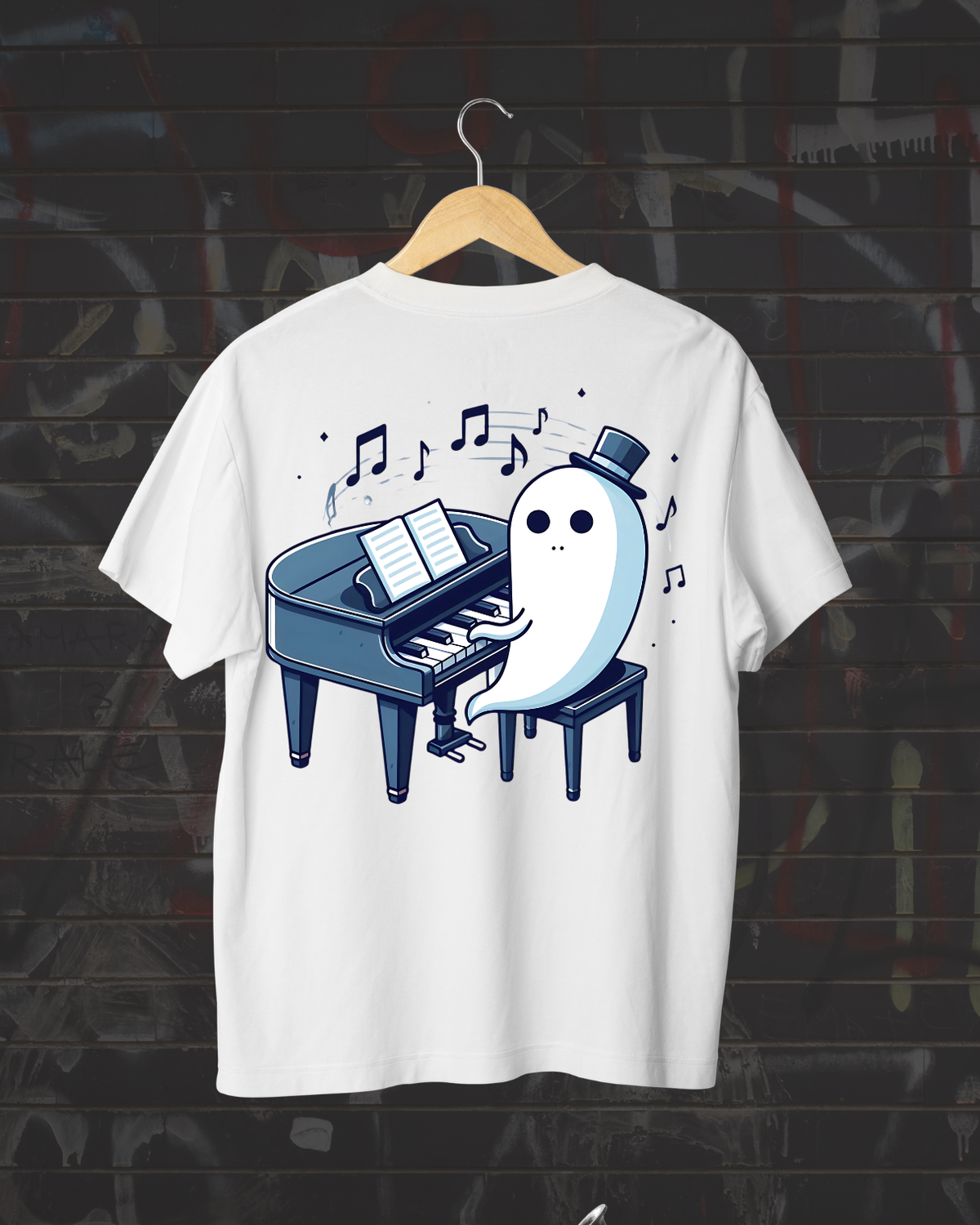 Cute Ghost Playing Piano T-Shirt - Funny Halloween Musician Graphic Tee Short-Sleeve Unisex T-Shirt