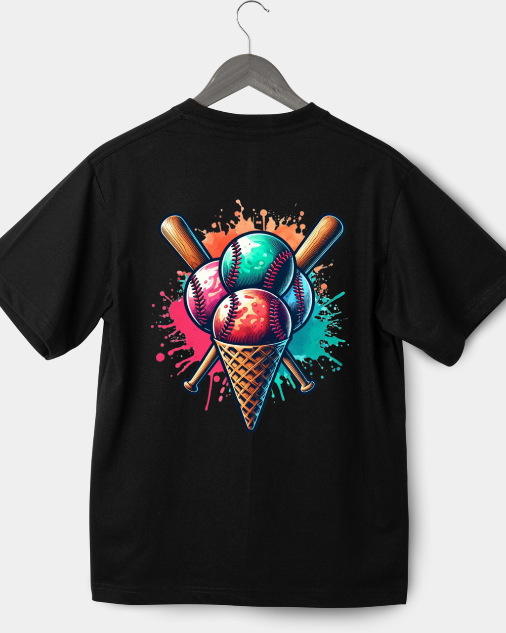 Baseball Ice Cream Cone T-Shirt – Vibrant Paint Splatter Sports Graphic Tee – Baseball Player & Fan Shirt