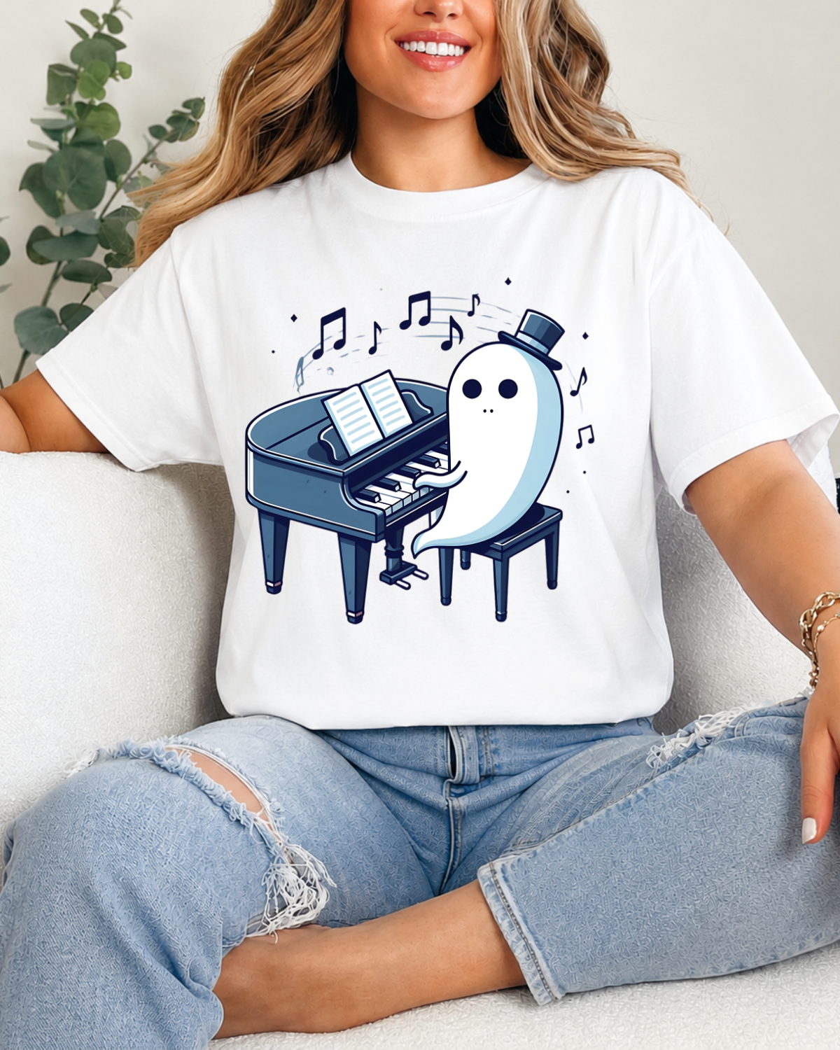 Cute Ghost Playing Piano T-Shirt - Funny Halloween Musician Graphic Tee Short-Sleeve Unisex T-Shirt