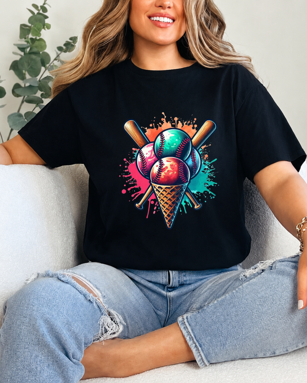 Baseball Ice Cream Cone T-Shirt – Vibrant Paint Splatter Sports Graphic Tee – Baseball Player & Fan Shirt