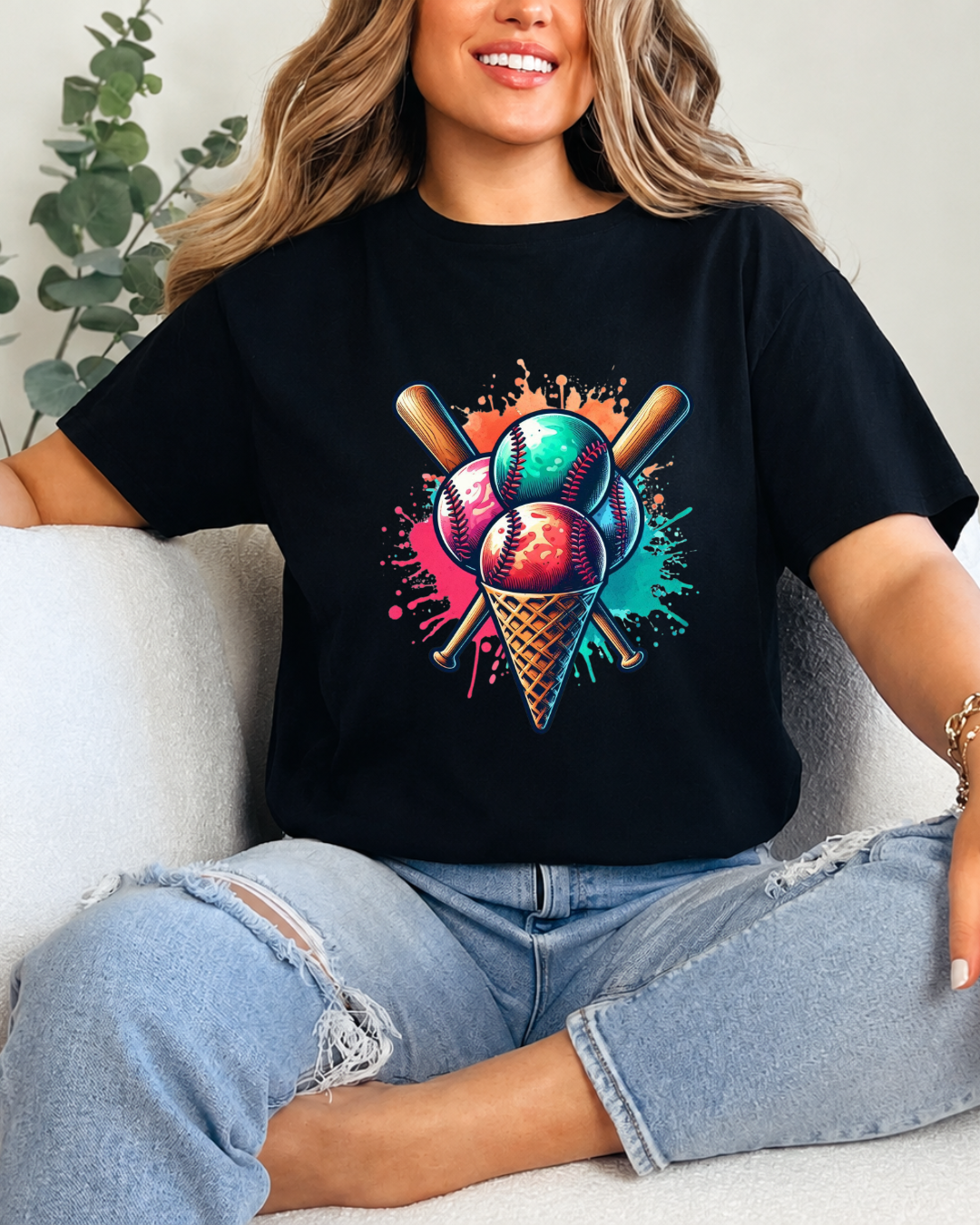 Baseball Ice Cream Cone T-Shirt – Vibrant Paint Splatter Sports Graphic Tee – Baseball Player & Fan Shirt