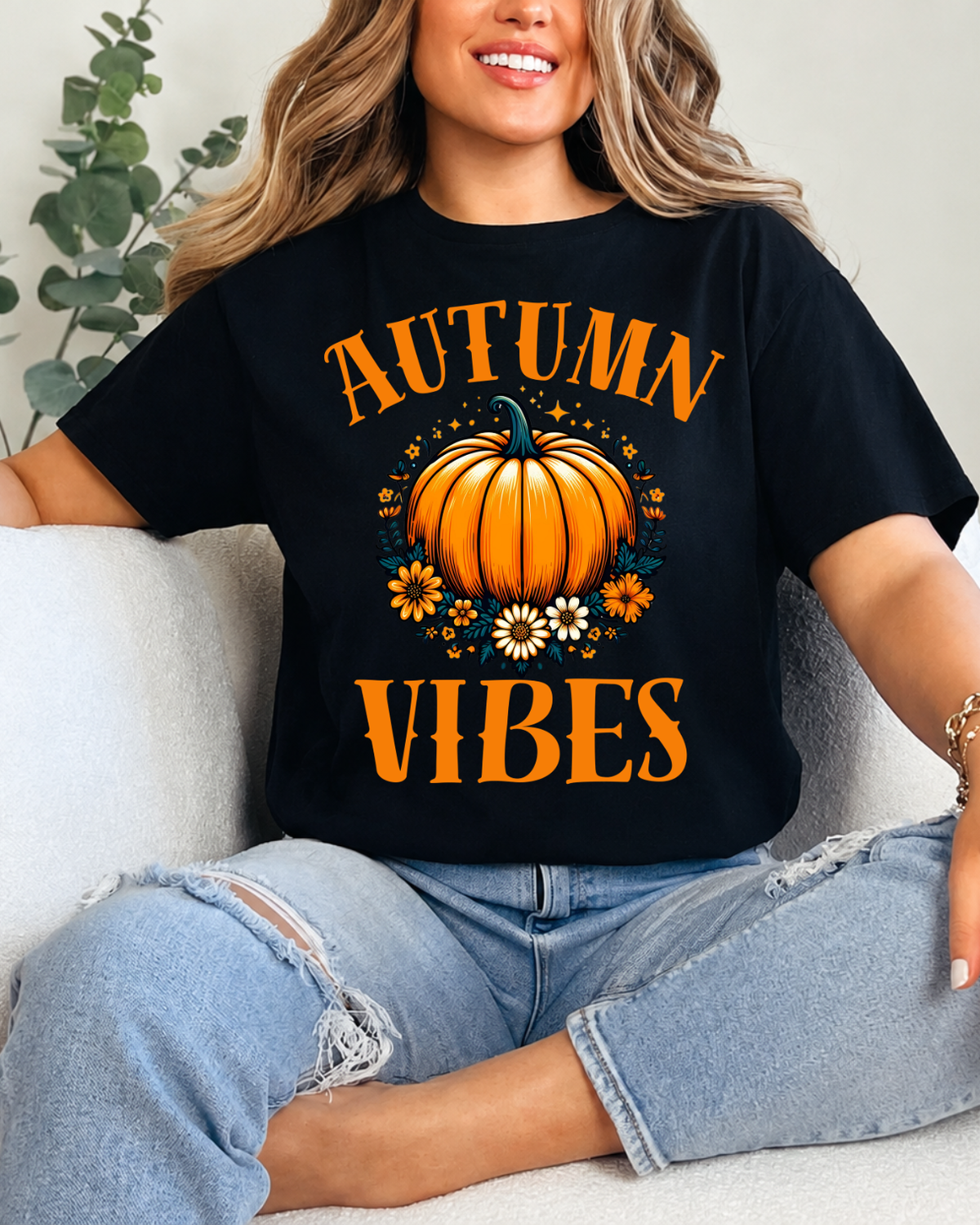 Autumn Vibes Pumpkin T-Shirt - Cute Floral Fall Season Shirt - Cozy Autumn Aesthetic Graphic Tee