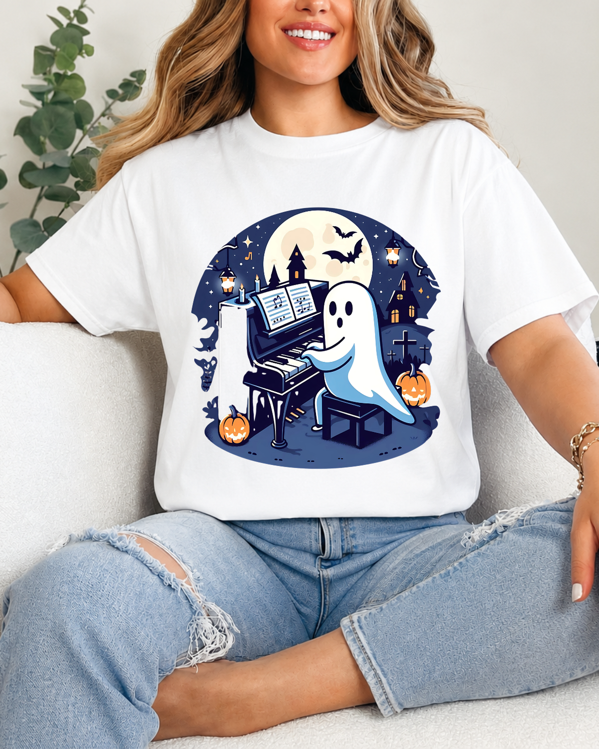 Spooky Piano Ghost Shirt - Kawaii Halloween Music Lover Gift & Pianist Tee Short-Sleeve Unisex T-Shirt