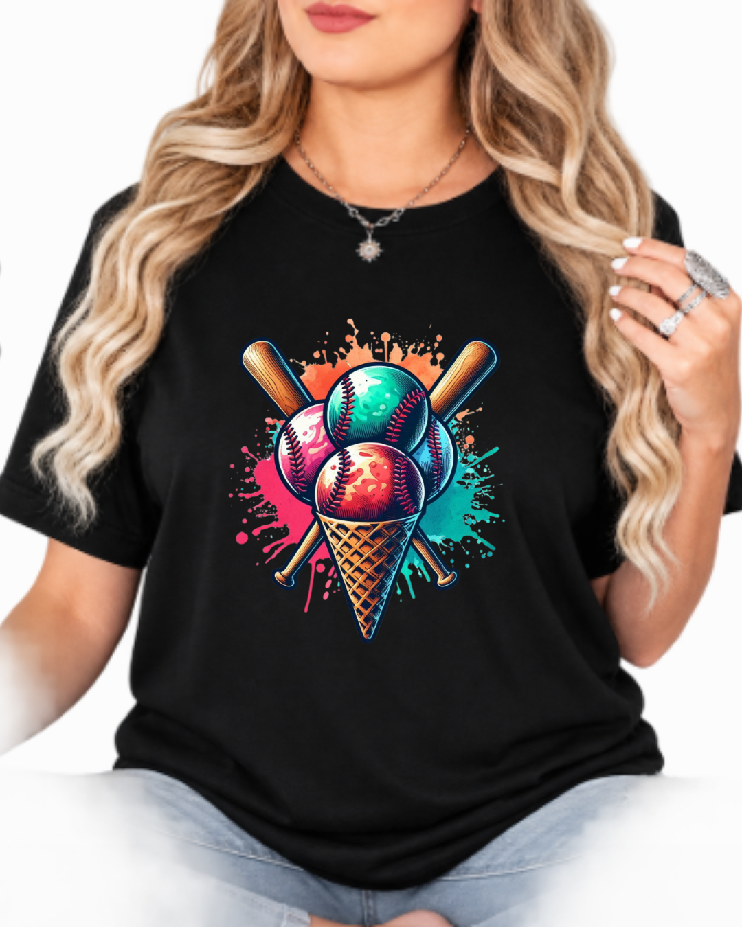 Baseball Ice Cream Cone T-Shirt – Vibrant Paint Splatter Sports Graphic Tee – Baseball Player & Fan Shirt