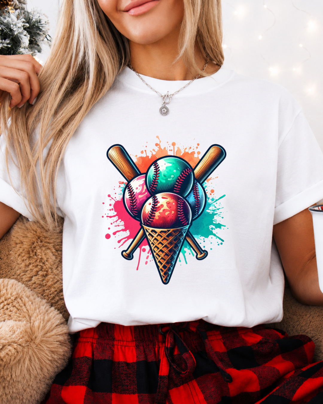 Baseball Ice Cream Cone T-Shirt – Vibrant Paint Splatter Sports Graphic Tee – Baseball Player & Fan Shirt