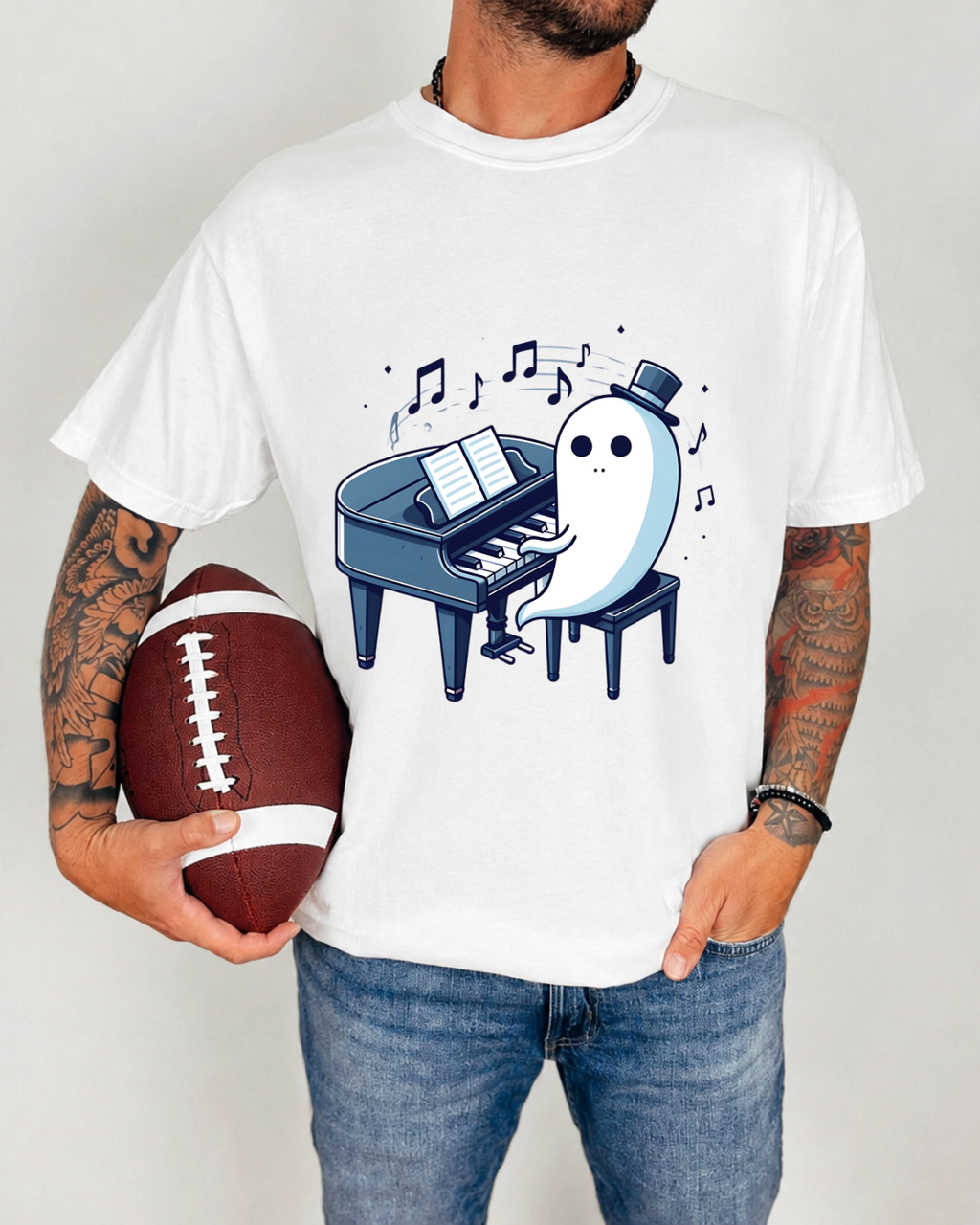 Cute Ghost Playing Piano T-Shirt - Funny Halloween Musician Graphic Tee Short-Sleeve Unisex T-Shirt