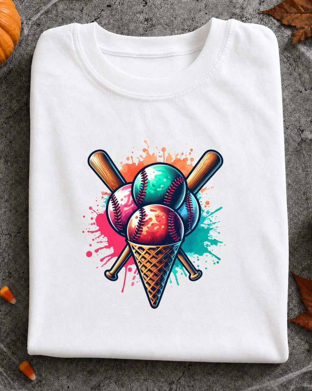 Baseball Ice Cream Cone T-Shirt – Vibrant Paint Splatter Sports Graphic Tee – Baseball Player & Fan Shirt
