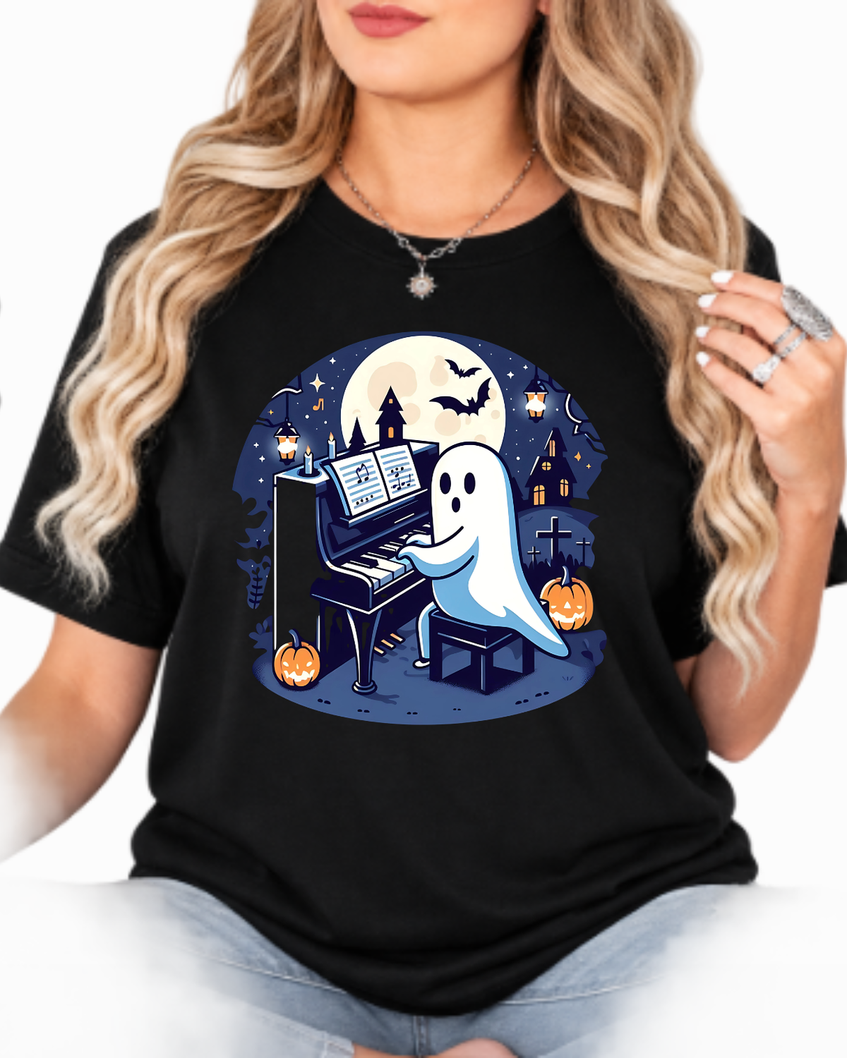 Spooky Piano Ghost Shirt - Kawaii Halloween Music Lover Gift & Pianist Tee Short-Sleeve Unisex T-Shirt