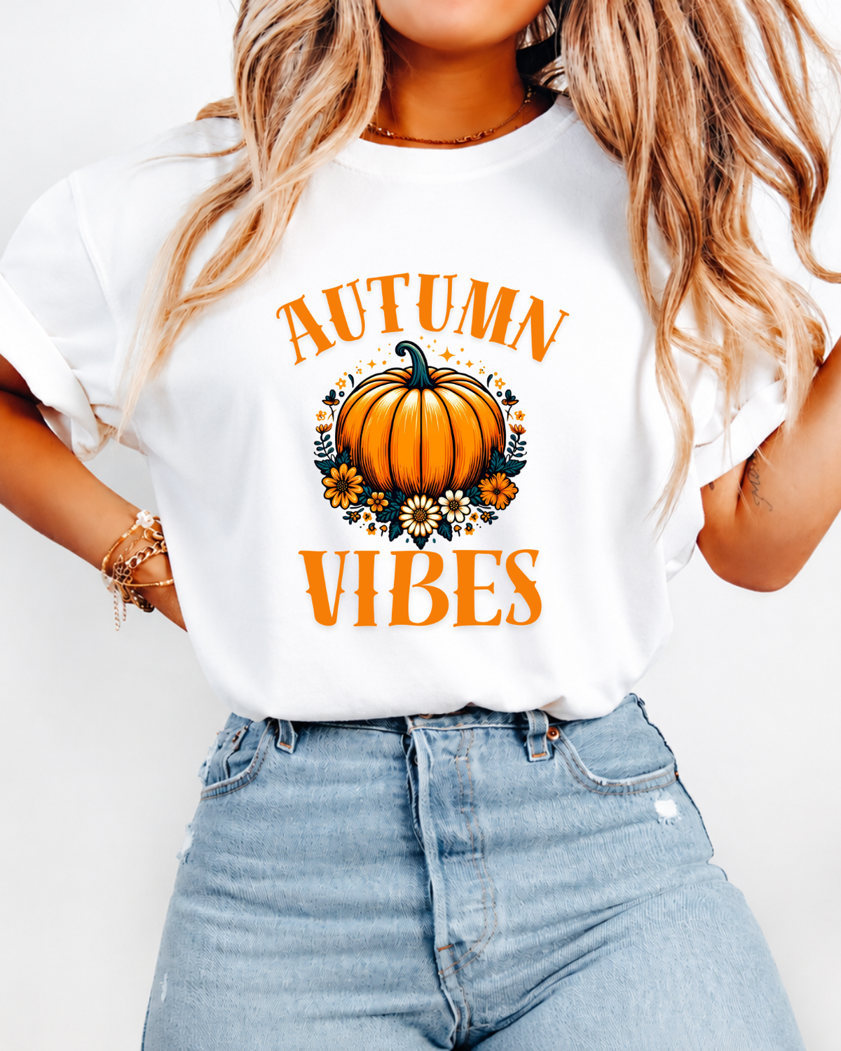 Autumn Vibes Pumpkin T-Shirt - Cute Floral Fall Season Shirt - Cozy Autumn Aesthetic Graphic Tee