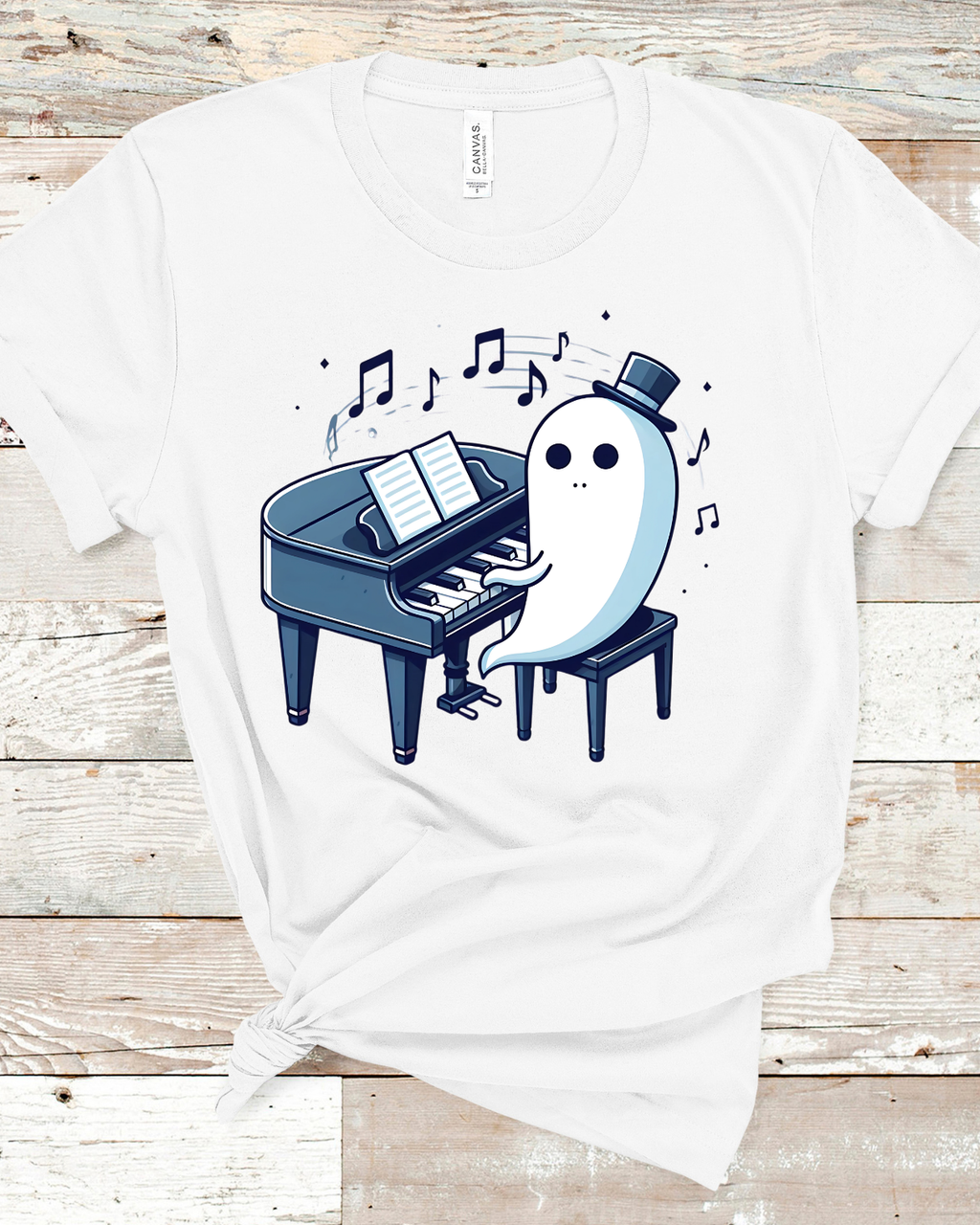 Cute Ghost Playing Piano T-Shirt - Funny Halloween Musician Graphic Tee Short-Sleeve Unisex T-Shirt