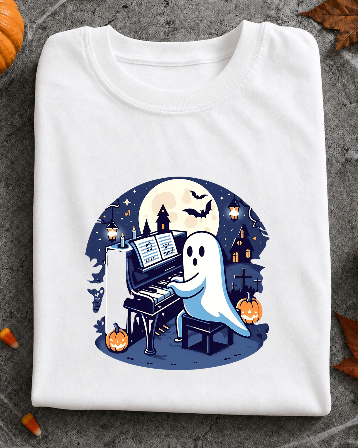 Spooky Piano Ghost Shirt - Kawaii Halloween Music Lover Gift & Pianist Tee Short-Sleeve Unisex T-Shirt