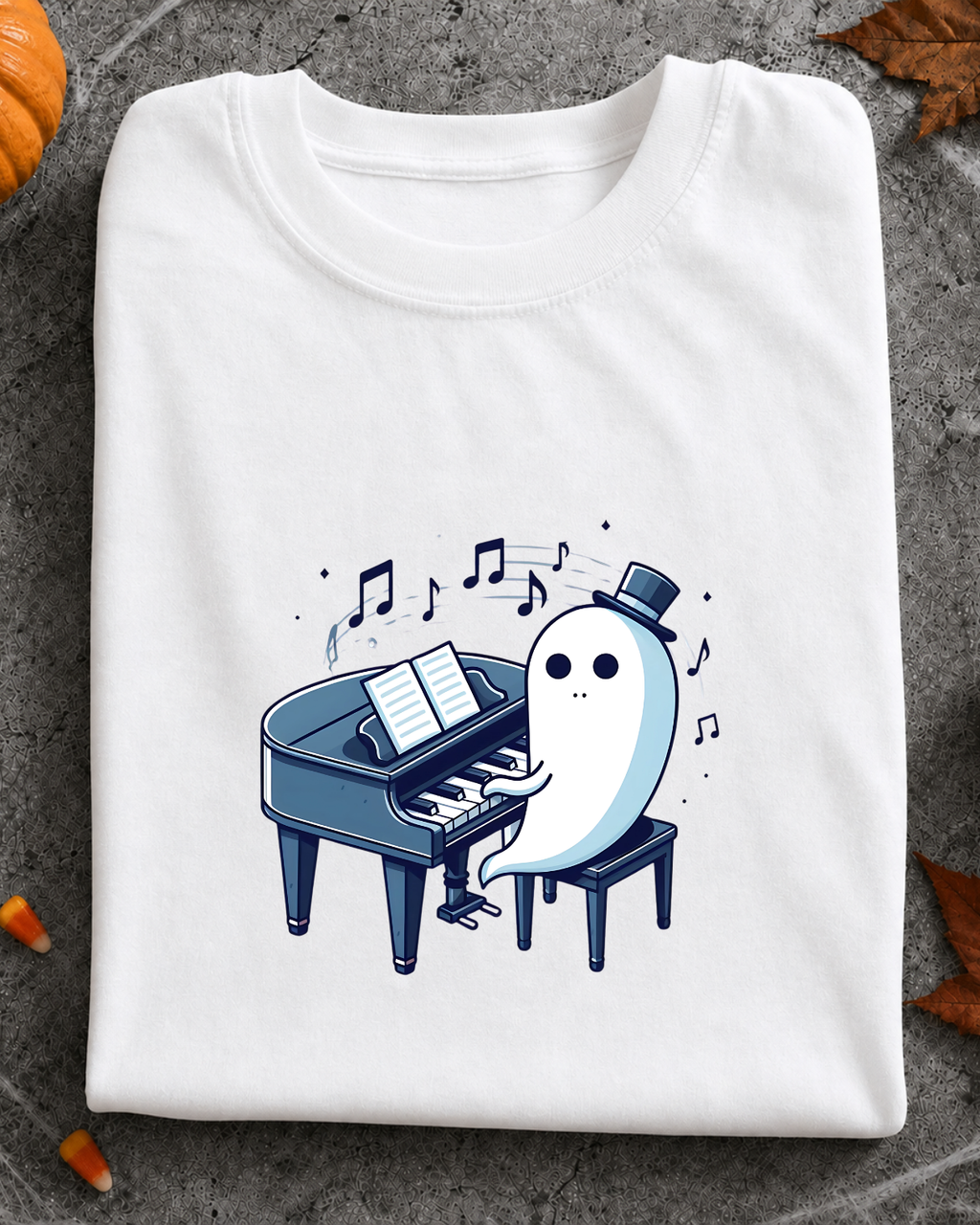 Cute Ghost Playing Piano T-Shirt - Funny Halloween Musician Graphic Tee Short-Sleeve Unisex T-Shirt